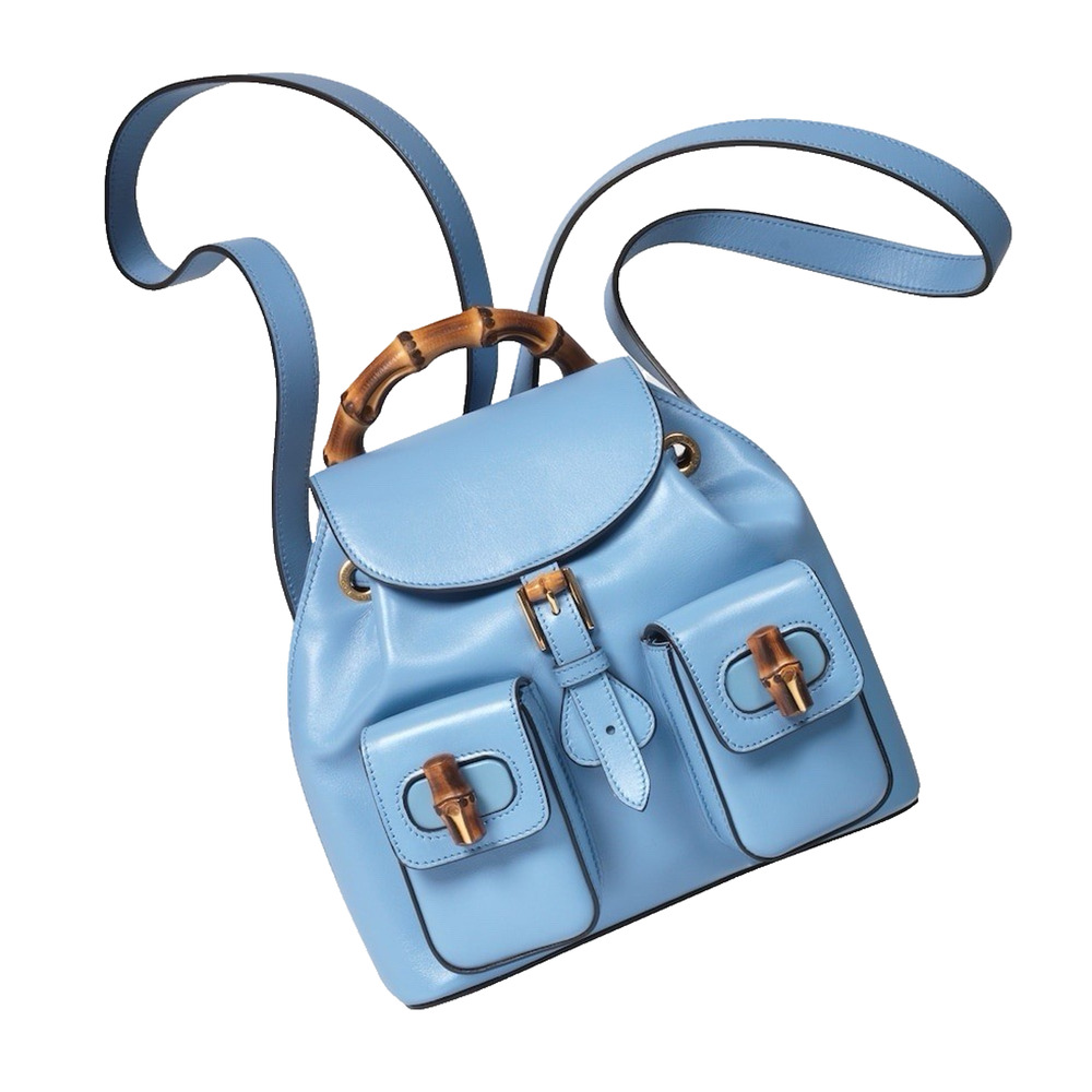 NIB Gucci Bamboo Backpack Clear Sky Blue Smooth Leather Top Handle $3,980